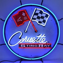 Corvette C2 Stingray Round Sign Auto Garage Banner Neon Light Sign 24&quot; by 24&quot; - £317.84 GBP