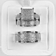 2.40 Ct Round Cut Simulated Diamond Wedding Trio Ring Set 14K White Gold Plated - £111.07 GBP