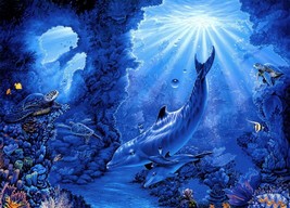 FRAMED CANVAS ART PRINT dolphins reef sea turtles sunburst blue theme decor - £31.64 GBP+