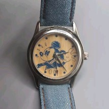 Disney Catalog Mickey Mouse Denim &amp; Leather Watch Wood Face NEEDS BATTERY - $48.37