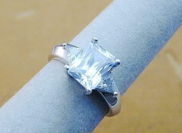 Sterling Diamonique CZ Engagement Fashion Ring Emerald Cut Trillion Side Stones - £23.62 GBP