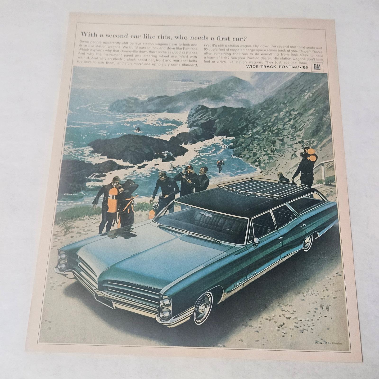 Primary image for Wide Track Pontiac Print Ad Blue Bonneville Station Wagon 1966