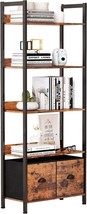 Furologee 5-Tier Bookshelf, Tall Bookcase With Two Storage, Rustic Brown. - £91.99 GBP