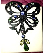BROOCH Pin Aurora Borealis Crystal Dangle Black Bow Vintage - $201.56 MXN