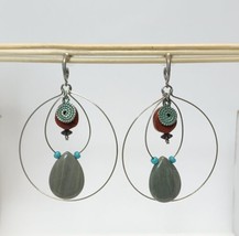 Boho Dangle Hoop Earrings Jasper Stone &amp; Faux Turquoise Beads 3&quot; Fashion... - $15.84
