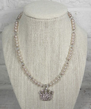 Princess Necklace Blush Glass Pearl Crystal Rhinestone Crown Girls Handmade - $16.82