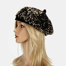 Women&#39;s Gold Artist Beret Sparkle Bling Shiny Sequins Beanie Party Hat Cap - £11.75 GBP
