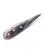 Vintage Oxidized Pewter Embossed Rhinestone Linear Brooch Pin - $35.31 CAD