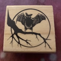 Halloween Bat On Branch &amp; Moon Rubber Stamp Wood Mounted 2” H X 2” W - £3.81 GBP