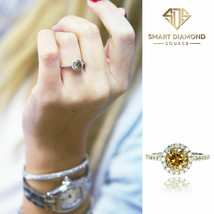Diamond Halo Engagement Ring 14K White Gold Round Cut Fancy Brown 1.37 Carat - £1,274.73 GBP