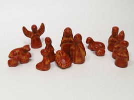 Vtg Ceramic Pottery Red/Brown Glaze Pained Small 14 Piece Nativity Set M... - $31.68