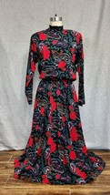 Vtg 1980s Dark Academia Goth Wednesday Witchy Black Red Rose Paisley Dress 8 - £46.39 GBP