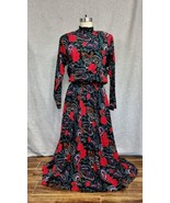 Vtg 1980s Dark Academia Goth Wednesday Witchy Black Red Rose Paisley Dre... - £45.37 GBP
