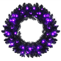 Costway 24inch Pre-lit Christmas Halloween Wreath Black w/ 35 Purple LED Lights - £46.31 GBP