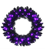 Costway 24inch Pre-lit Christmas Halloween Wreath Black w/ 35 Purple LED... - £48.19 GBP