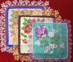 Set 3 Vintage Cotton Extra Large Crocheted Floral Ladies Handkerchiefs Hankies - £11.86 GBP