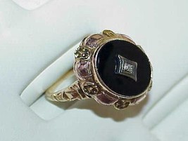 10K Tri Gold Onyx Diamond Ring Oval Roses Border Size 6 Antique Multi color gold - £233.56 GBP