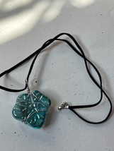 Black Faux Suede Cord w Thick Blue Art Glass Leaf w Silvertone Wire Cage Pendant - £10.49 GBP