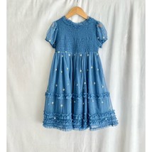 Mini Boden Tulle Dress Girls 3-4Y Smocked Blue Party EUC Flowers Lined Ruffles  - $39.99