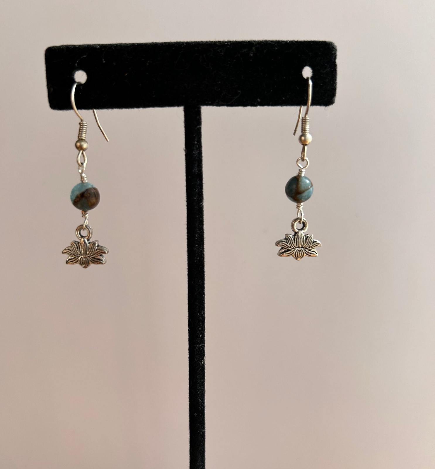 One of Kind Blue Gemstone Bead Lotus Flower Silver Earrings - $16.00