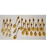 Demitasse Gold Stainless Steel Forks Spoons with Red Enamel Inlay Flatware - $67.47 CAD