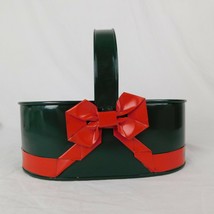 Green Metal Red Bow Decorative Tub Basket Christmas Decor Card Holder Fl... - $7.85