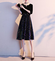 Black Half Sleeve Velvet Midi Dress Womens Custom Plus Size Cocktail Dress