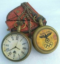 Antique Vintage Berlin 1936 Brass Pocket Watch With Leather Cover. - $28.05