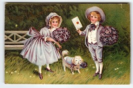 Antique Embossed Postcard Too My Valentine Children Dog Flowers 1912 Vintage - £10.09 GBP