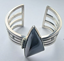 925 Sterling Silver Black And Brown Onyx Cuff Bracelet - £186.68 GBP
