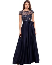XSCAPE Embroidered Cap Sleeve Illusion-Top Ballgown Navy Gold Plus Size ... - $158.39