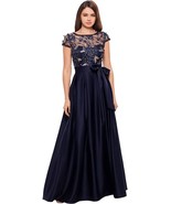 XSCAPE Embroidered Cap Sleeve Illusion-Top Ballgown Navy Gold Plus Size ... - $158.39