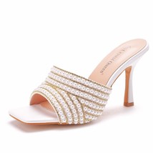 Women Sandals Slip On Slides Summer Beige Pearl Rhinestone Wedding Shoes Thin Hi - £58.79 GBP