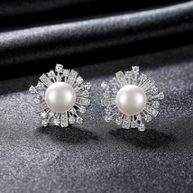 Flower Earrings, Studs, Delicate Micro-Inlaid Zircon, Freshwater Pearls, Lady&#39;s  - £24.93 GBP