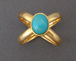 Bronze Milor Italy Ring Double Crossover Band Turquoise Blue Stone Gold Tone 8.5 - £27.90 GBP