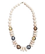 VTG Beaded Necklace Gold Bronze Silver Blue Cream Marble Granny Costume ... - $25.86 CAD
