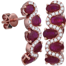 18kt Rose Gold Womens Oval Ruby Diamond Hoop Earrings 2-7/8 Cttw - £2,117.01 GBP