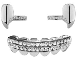 Custom 14K White Gold Plated Lower Teeth Grillz &amp; Upper Top Double Fangs 3pc Set - £14.32 GBP