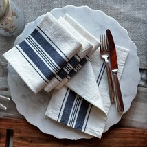 White Linen Napkins Set of 4 with Navy Stripes - French Provincial Napkins - £26.35 GBP