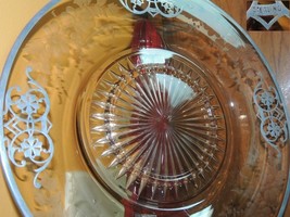 Sterling overlay Serving Plate 10&quot; Etched Pink Depression era oe earlier... - $42.74