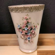Vintage 7” Lefton Pink Vase 3D Flowers Gold  Trim MCM Japan With Bow - £20.96 GBP