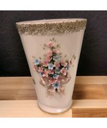 Vintage 7” Lefton Pink Vase 3D Flowers Gold  Trim MCM Japan With Bow - £21.02 GBP