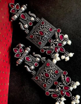 Indian Silver Plated Bollywood Antique Style Ruby Long Earrings Jewelry Set - £22.40 GBP