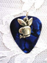 DARK BLUE GUITAR PICK PB BUNNY CHARM PENDANT NECKLACE - $4.99