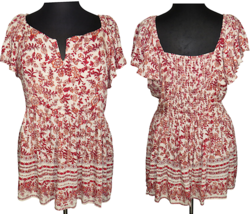 Romantic Gypsy Ivory Red Floral Smocked Flutter Sleeve Boho Top Plus Siz... - £19.57 GBP