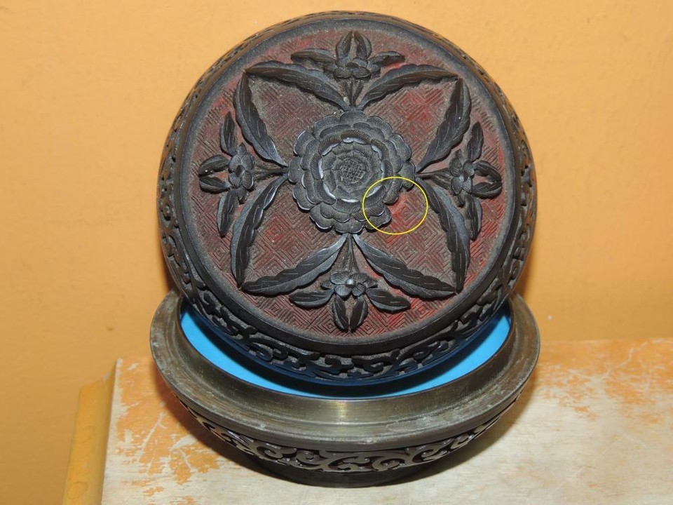 Chinese Cinnabar type 3.5" Round Box Carved Relief peony flowers blue enamel int Item image 2