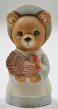 Homco Bear In Blue Dress & Bonnet Holding A Turkey Ceramic Figurine Collectible - $7.84