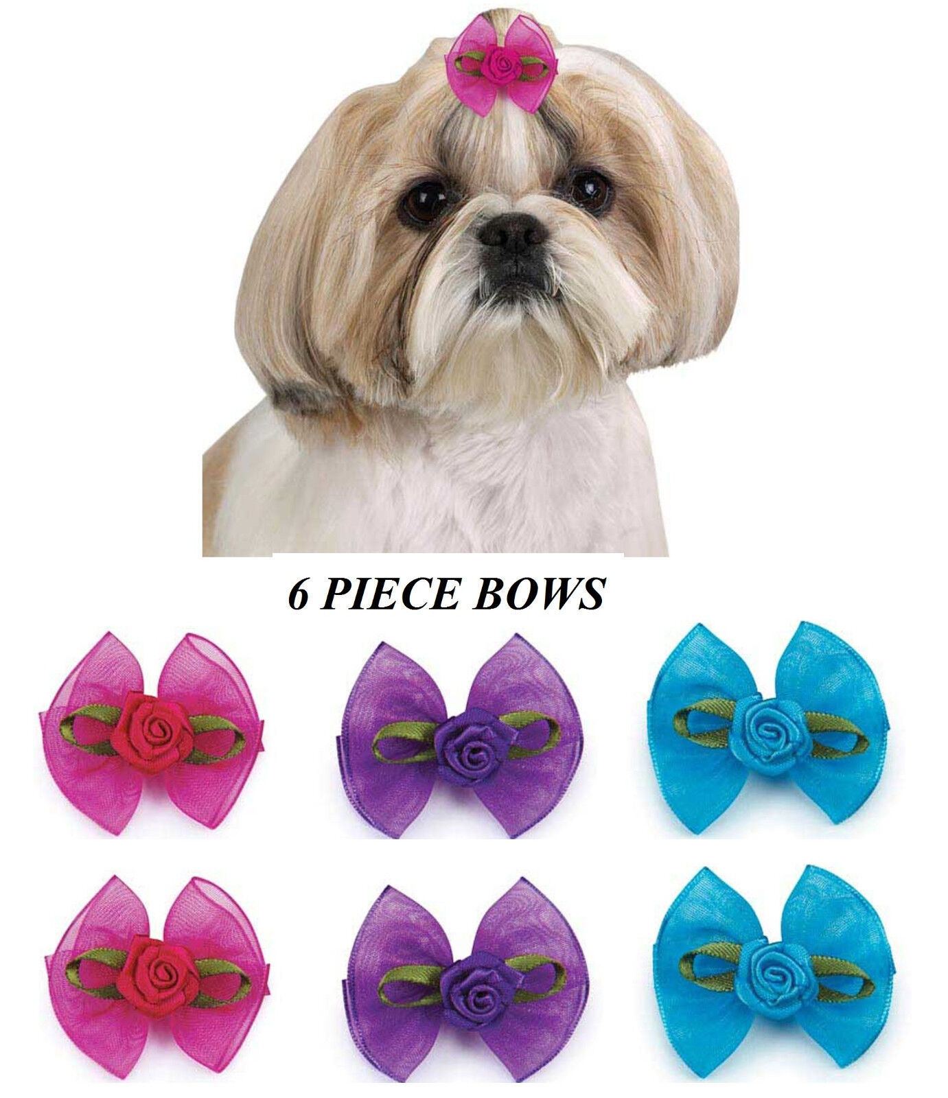 6 pc DOG ROSE Center Flower Grooming HAIR SHEER RIBBON BOW&amp;ELASTIC BAND*... - $13.99