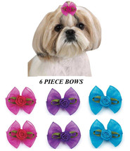 6 Pc Dog Rose Center Flower Grooming Hair Sheer Ribbon Bow&amp;Elastic Band*Top Knot - £11.25 GBP