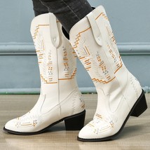 Women&#39;s Cowboy Boots Embroidery Vintage Print Riding Booties Cowgirl Botas Leath - £63.82 GBP